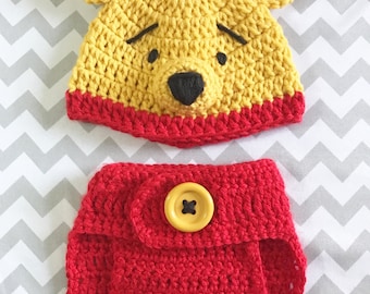 Winnie the pooh crochet beanie & diaper cover set , newborn photo props, gift, baby shower, pooh crochet