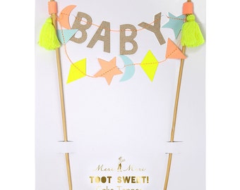 Baby Cake Topper Neautral for Shower Christening Peach Gold Pastel Blue Yellow Tassel