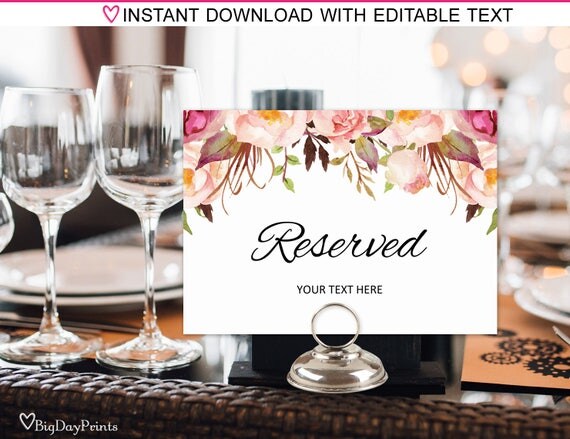 Reserved Sign Printable Wedding Reserved Table Sign Reserved