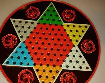 1970s _Chinese and Regular Checkers Game Set by Ohio Art # 537, Colorful Tin, Instructions, Original Box, CZSD