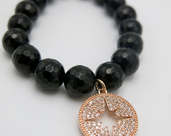 Black Onyx beaded stretch bracelet with crystal rhinestones rose gold starburst dangle charm. Gift for her!