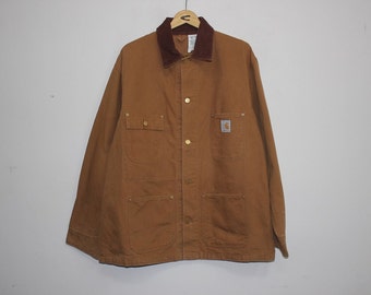 Vintage 80s Carhartt 100 Years 1889 - 1989 Cotton Duck Ufo Rivets Button Chore Jacket United Workers Size 46 Large XLarge Workwear French