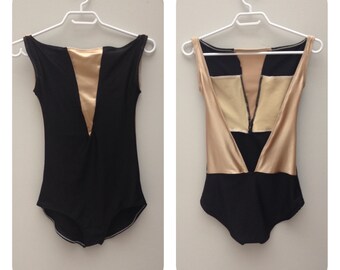 Custom Ballet Leotard in Black and Nude Satin Fabric with High Neck and Open Back Style