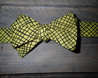 Yellow & Black Stripes and Checks Bow Tie, Adjustable, Self Tie