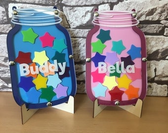 Children's Personalised Reward Jar - Chart - System with 15 Acrylic Coloured Stars