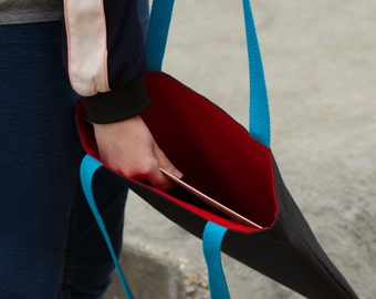 Record Tote Bag, small black and red handmade tote bag for vinyl records, vinyl record storage, tote bag canvas, gifts for him