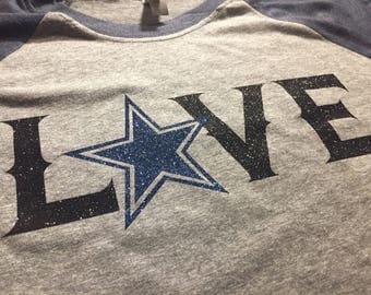 Dallas Cowboys Football "LOVE" Blingy Raglan Shirt with Star in Blue and Black Glitter