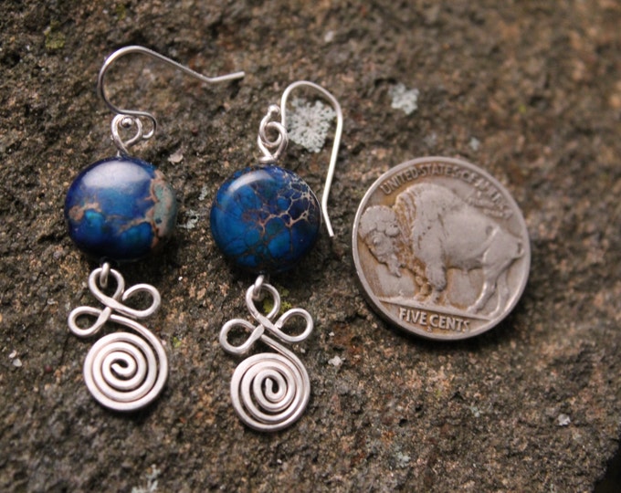 Blue Earrings, Sea Jasper Coin Bead with Sterling Silver Clover Leaf Spiral Earrings, BoHo, Hippie, Art Nouveau Swirl Earrings