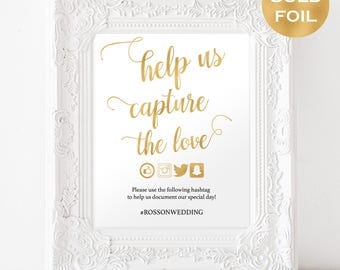 Gold Wedding Hashtag Sign - Capture the Love Hashtag Sign Printable - Social Media Signs - Gold Wedding - Downloadable wedding #WDH812243