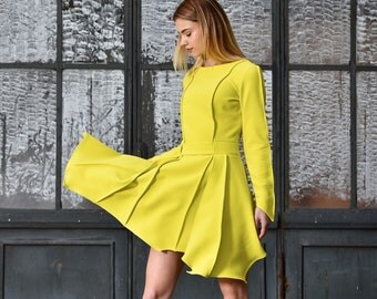 Short Yellow Dress, Pixie Dress, Plus Size Dress, Long Sleeve Tunic Dress, Flare Dress,Yellow Bridesmaid Dress, Day Dress,Yellow Party Dress