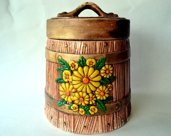 Vintage Faux Bois Ceramic Bucket Canister with Yellow & Orange Flowers, Retro Ceramic Kitchen Canister, Cookie Jar, 1970s Kitchen Decor 300