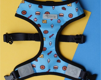 Reversible cute dog harness with junk food and vegetables. Burger pizza bacon and eat clean! 2-in-1 dog harness. Clean eating. Foodie.