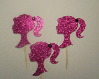 Pink Glitter Barbie Cupcake toppers - Set of 12