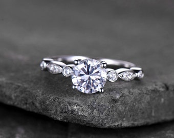 Sterling silver ring/Round cut Cubic Zirconia engagement ring/CZ wedding ring/stackable ring/promise ring/Xmas gift/White gold plated