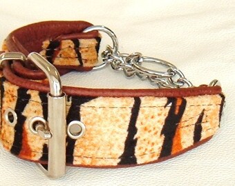 Orange Tiger print fabric and Tan leather Martingale dog collar