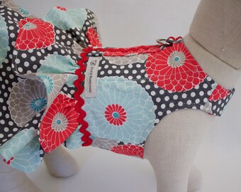Custom Floral Print Small Dog Dress Harness- 100% Cotton Pet Dress Harness- Dog Ruffle Dress Harness