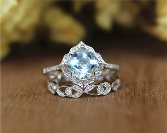 Vintage Floral Cushion 7mm Aquamarine Ring,Leaf Design Full Eternity Diamonds Band in 14K White Gold/Wedding&Engagement Ring/Promise Ring