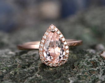 Morganite engagement ring-handmade Solid 14k Rose gold ring-Solitaire Stacking band-5x7mm Tear Drop Halo gemstone promise ring-Bridal Ring