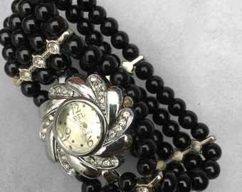 Black pearl silver watch bead bracelet,beaded watch,woman watch, stretch bracelet,black pearl, watch, bracelet, black,Free Shipping