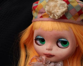 OOAK Clown Blythe doll Orange hair with sparkly blue eyelids