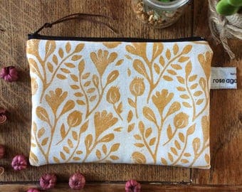 Ochre floral print pouch, handmade makeup bag, hand printed, zipper pouch, bags & purses, girlfriend gift, botanical pouch, coin purse gift