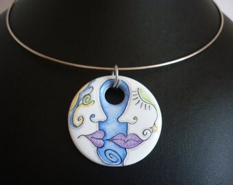 Moon or the other hand painted ceramic necklace