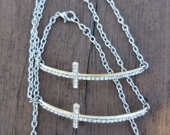 Silver and Rhinestone Sideways Cross Bracelet