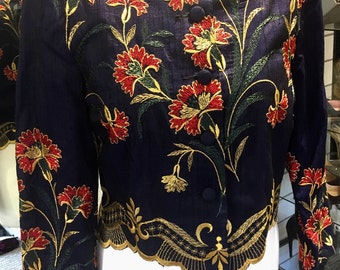Vintage Monsoon Twilight 100% silk heavily embroidered scallop hem jacket uk12