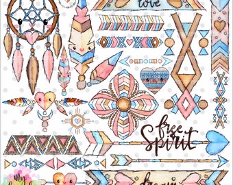 75%OFF - Tribal Clipart, Tribal Graphic, COMMERCIAL USE, Kawaii Clipart, Watercolor Boho, Planner Accessories, Boho Clipart, Dreamcatcher