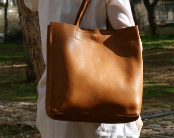 leather tote bag/ womens handbag/ shoppers bag/ shoulder bag/ genuine leather brown tote/ ladies tote/ womens tote/ code 120 cognac colour