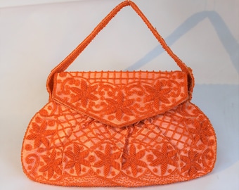Vintage 1960's Coral Orange Floral Beaded Evening Bag