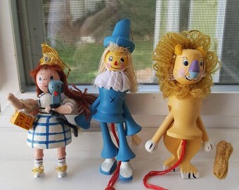 Vintage Kurt Adler Wizard of Oz Wooden Ornament Trio