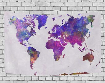 Red Purple Watercolor World Map Tapestry Wall Hanging Abstract Art Splatter Painting Home Decor