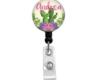 Badge Reel - Customized Nurse ID Holder - Cute Personalized Name Reel - Pretty Southwest Succulent Cactus Badge Reel