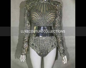 Stunning Custom Crystal Rhinestone Bodysuit Jumpsuit Playsuit