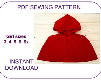 VERY EASY Costume cape PDF sewing pattern. Little Red Riding Hood cape pattern for girls. Halloween cape pattern. Christmas Carol cape.