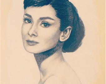 Audrey Hepburn Profile Black and White Ink Watercolor Print
