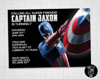 Captain America Invitation Avengers Birthday Party Invite Shield Black Moive Digital File