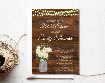 Rustic Floral Bridal Shower Invitation, Wood Bridal Shower Invite, Mason Jar Wood Bridal Shower Invitation, PERSONALIZED, Digital file, #D04