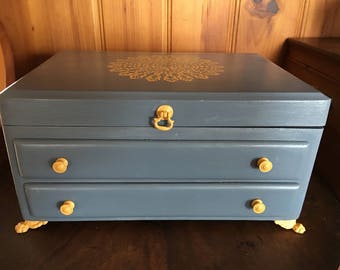 Hand Painted Vintage Wood Jewelry Box 1960's 2 Drawers Mustard Velvet Interior Wedgewood Blue and Yellow Brass Feet Handle Moroccan Stencil