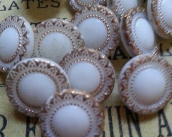12, Gold Trimmed, Milk Glass Buttons. Vintage. Measure 5/8".