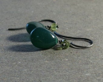 Green Onyx Earrings Peridot Dangle Oxidized Sterling Silver Earrings
