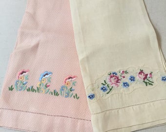 2 Shabby chic embroidered linen hand towels