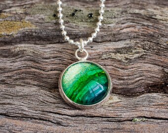 Hand painted shimmering green pendant necklace