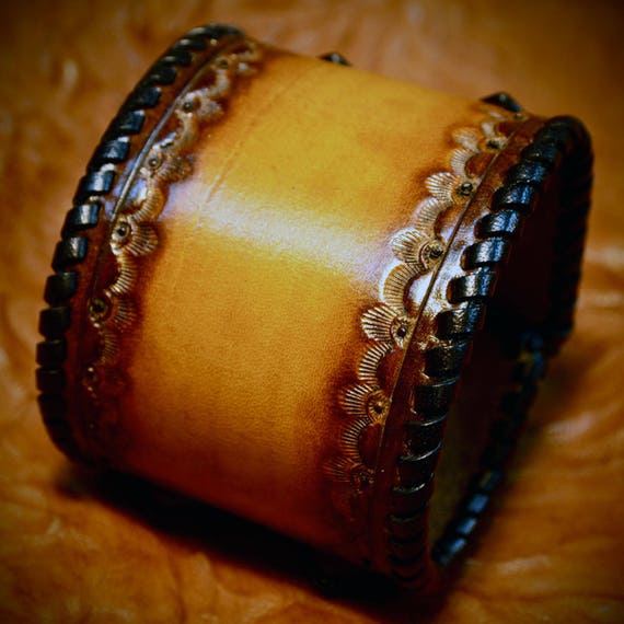 Leather Wristband cuff bracelet Custom Brown sunburst Hand stamped and Laced Made for YOU in NYC by Freddie Matara