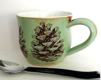 Coffee Mug - Pine Cones - Ready to Ship - Ceramic Mug - Hand Thrown Mug - Wheel Thrown Stoneware Pottery