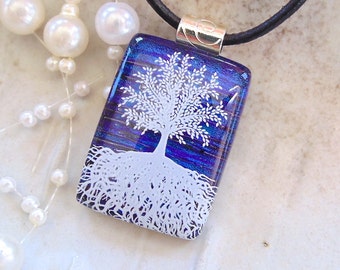Tree of Life Dichroic Glass Pendant, Fused Glass, Cobalt Blue, Enamel, Necklace Included, A1