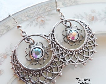 1/2 price sale - Aurora Borealis Swarovski Crystal and Silver Ox Filigree Earrings