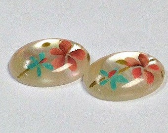 VINTAGE Mother of Pearl Cabochon Hand Painted FLOWERS 14x10mm pkg2 shl38