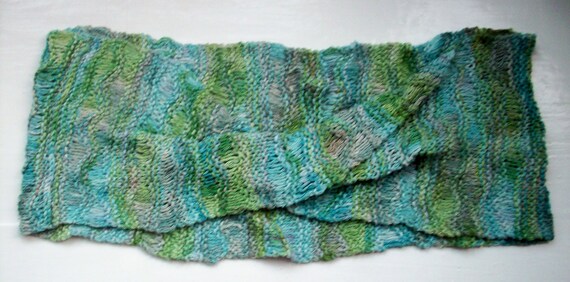 Infinity mobius scarf, silk noil, hand knitted, blue, green, luxury neck wear